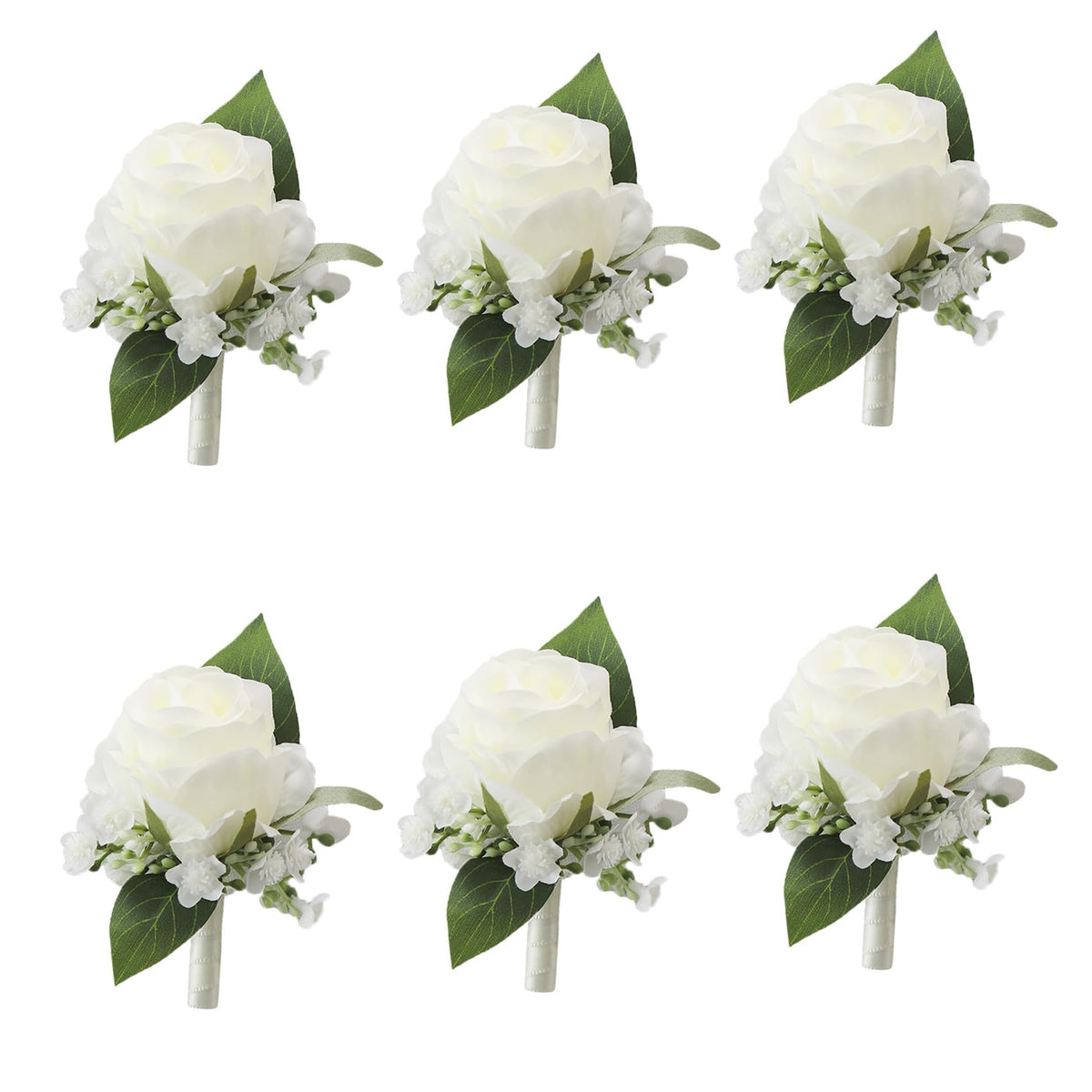 Meldel White Boutonniere with rose detail for groomsmen featuring lifelike blooms.