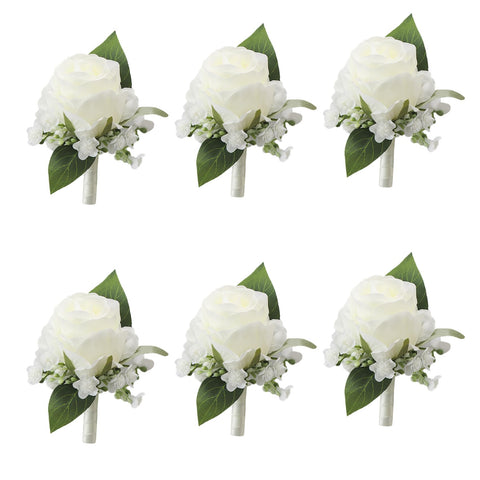 Meldel White Boutonniere with rose detail for groomsmen featuring lifelike blooms.