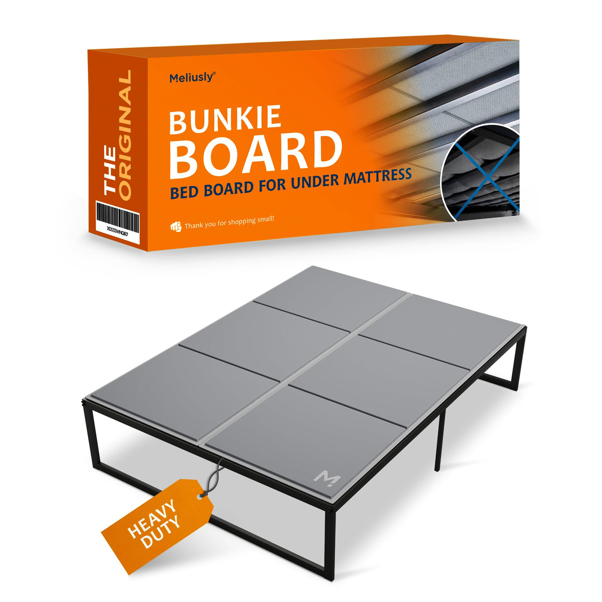 Meliusly heavy duty bunkie board on slats provides a flat surface to reduce mattress sag.