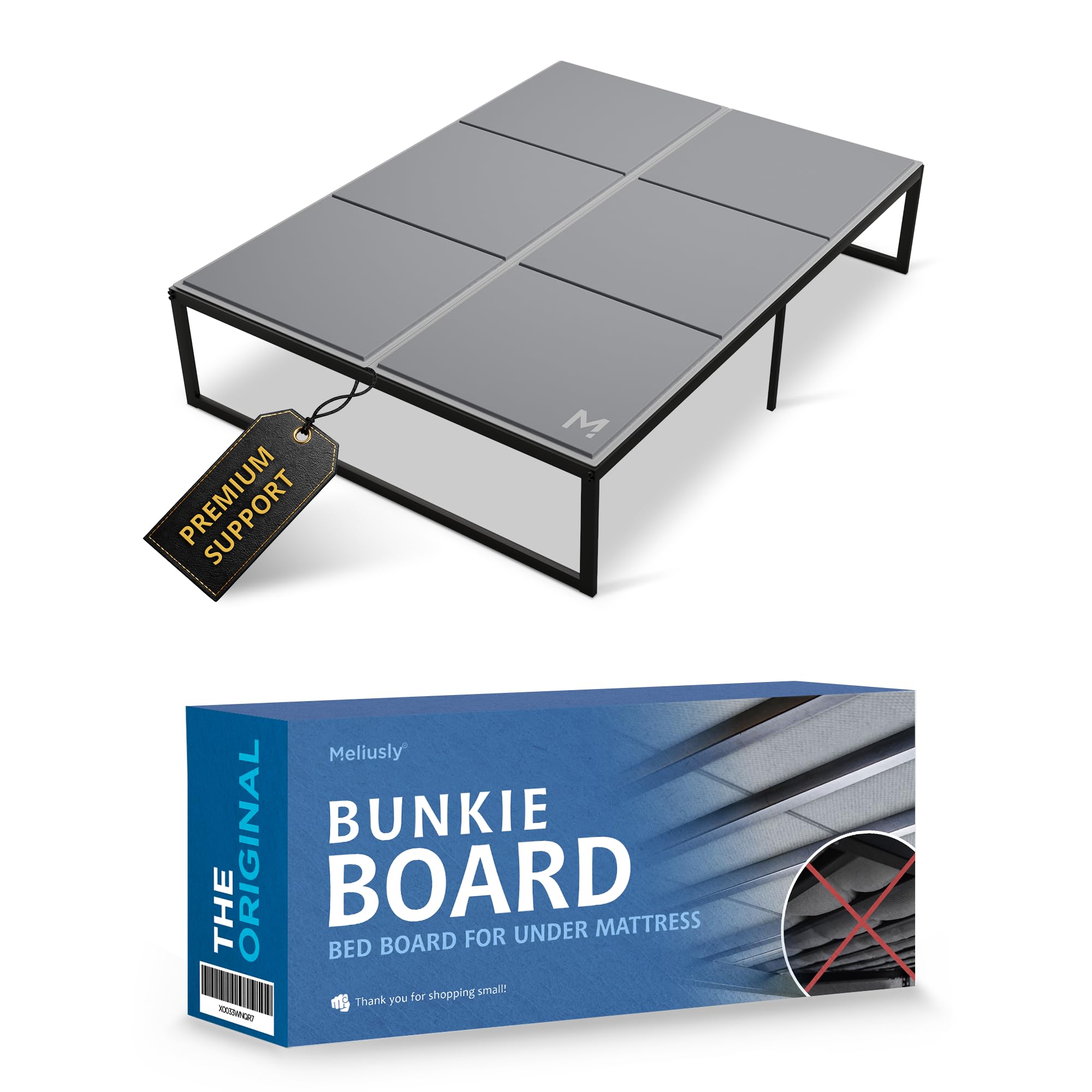 Meliusly low-profile bunkie board under queen mattress for seamless under-bed fit.