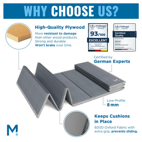 Meliusly reinforced plywood construction maintains firmness with daily use.