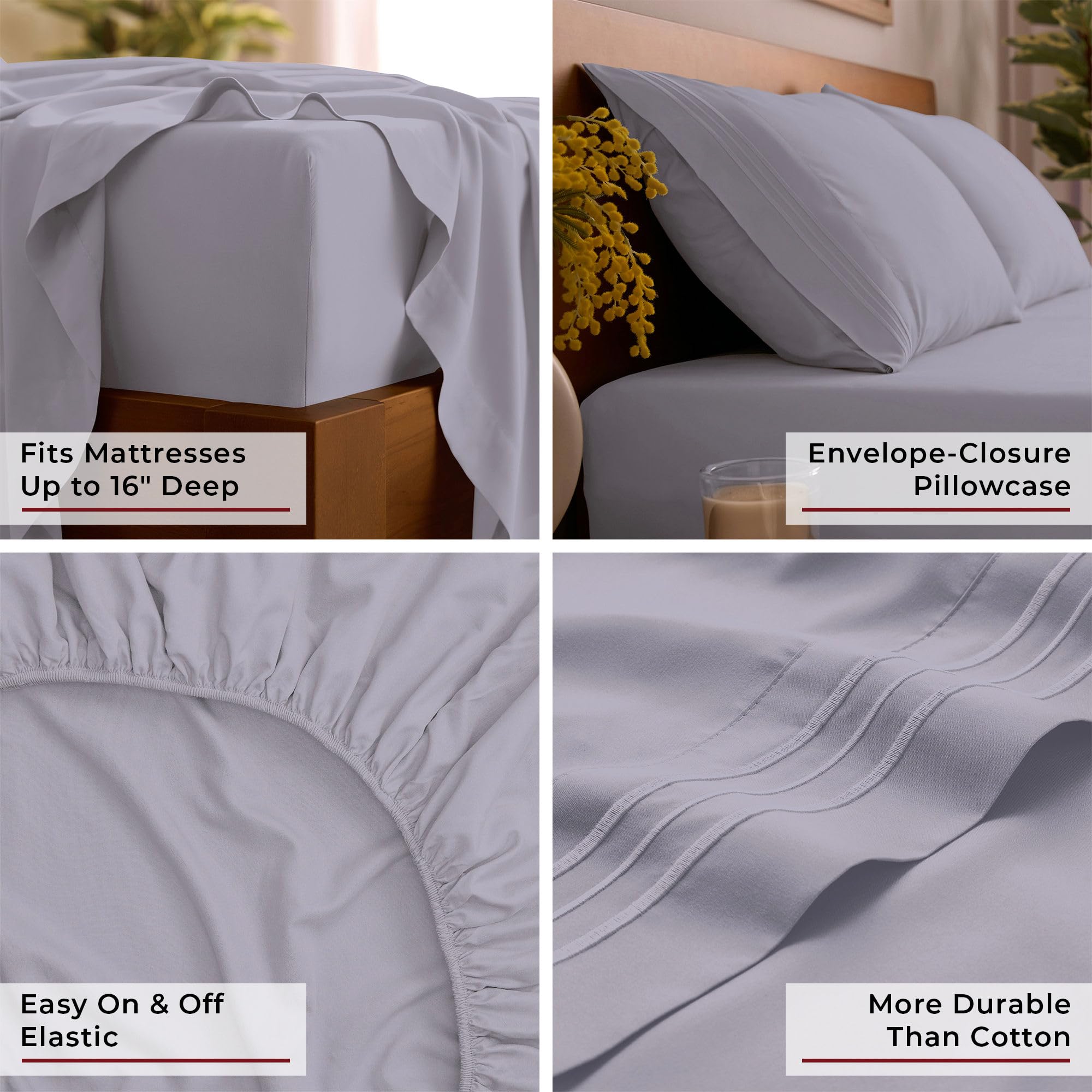 Mellanni care and durability icons emphasize quick-dry and stain resistance