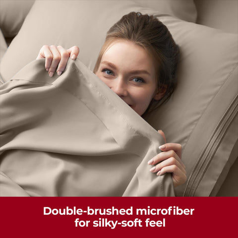 Mellanni easy-care machine-wash durability shown in tumble-dry-ready image.