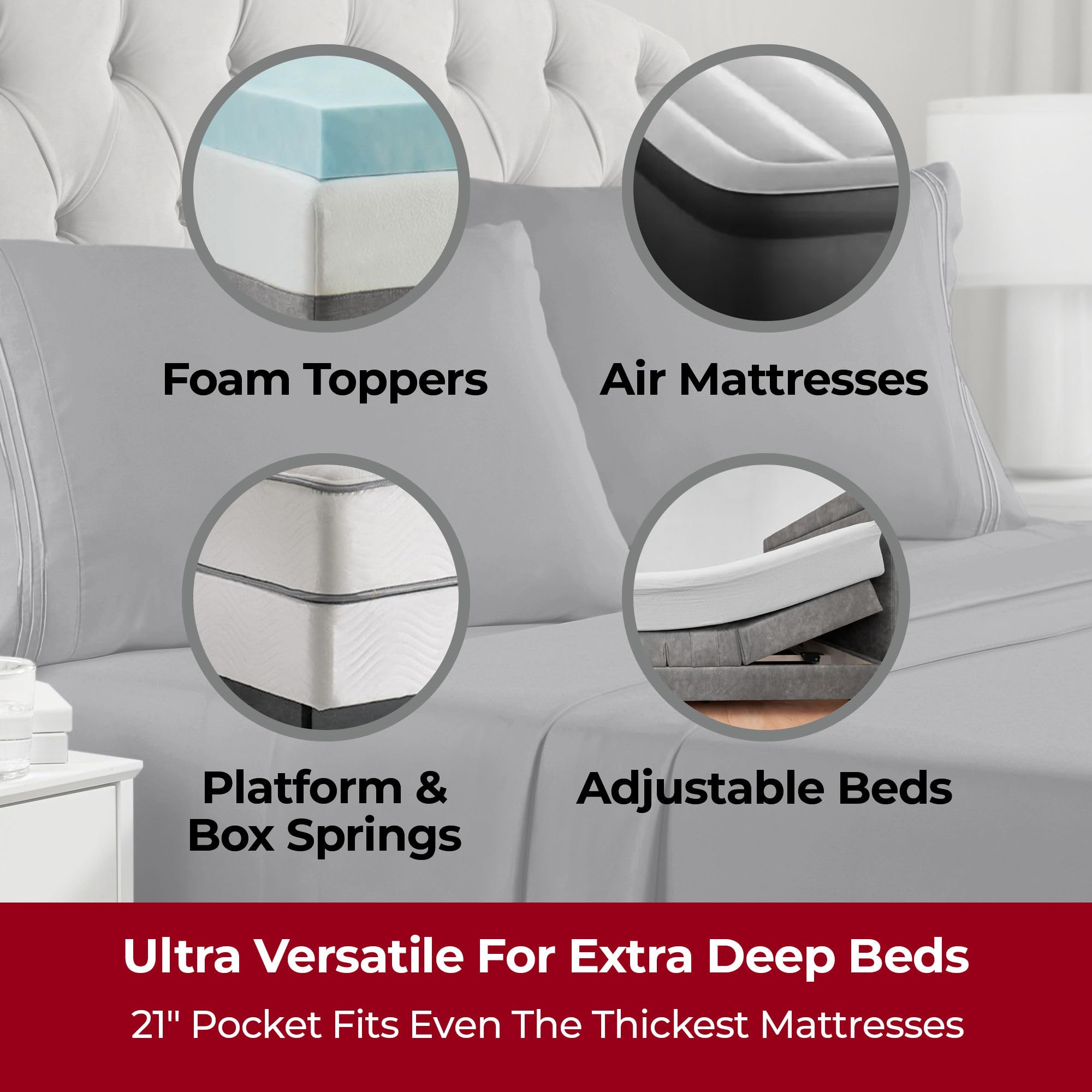 Mellanni Extra Deep King Sheets on bed demonstrate compatibility with thick mattresses.