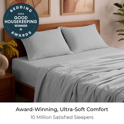 Mellanni full sheets set in a bedroom layout illustrating complete 4-piece convenience.