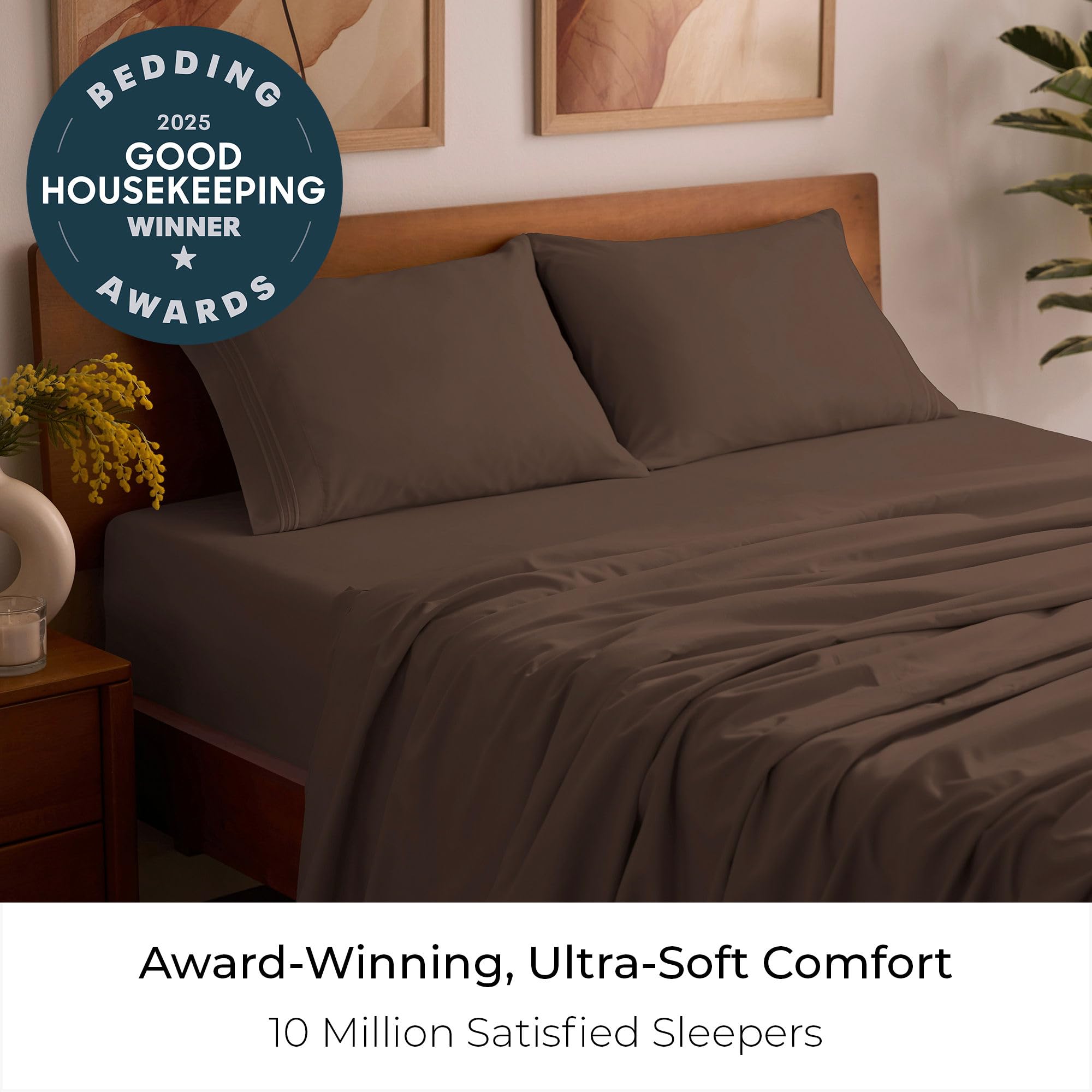 Mellanni Iconic Collection queen sheets brown closeup fabric shows ultra-soft microfiber texture.
