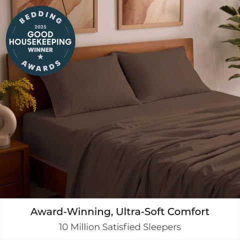 Mellanni Iconic Collection queen sheets brown closeup fabric shows ultra-soft microfiber texture.