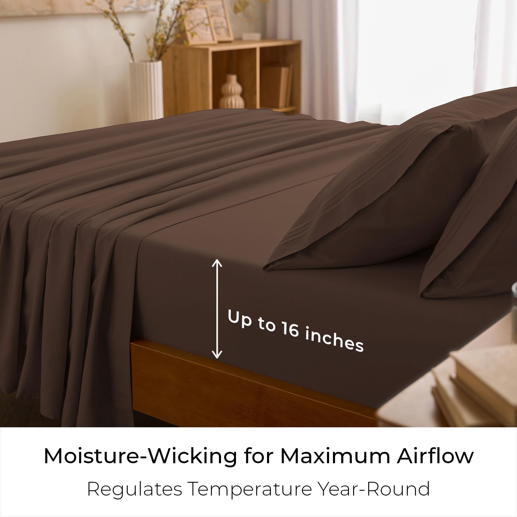 Mellanni Iconic Collection queen sheets brown on-bed layout demonstrates hotel-luxury styling.