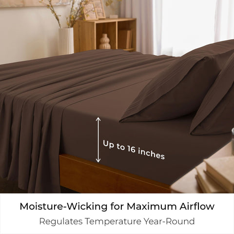 Mellanni Iconic Collection queen sheets brown on-bed layout demonstrates hotel-luxury styling.