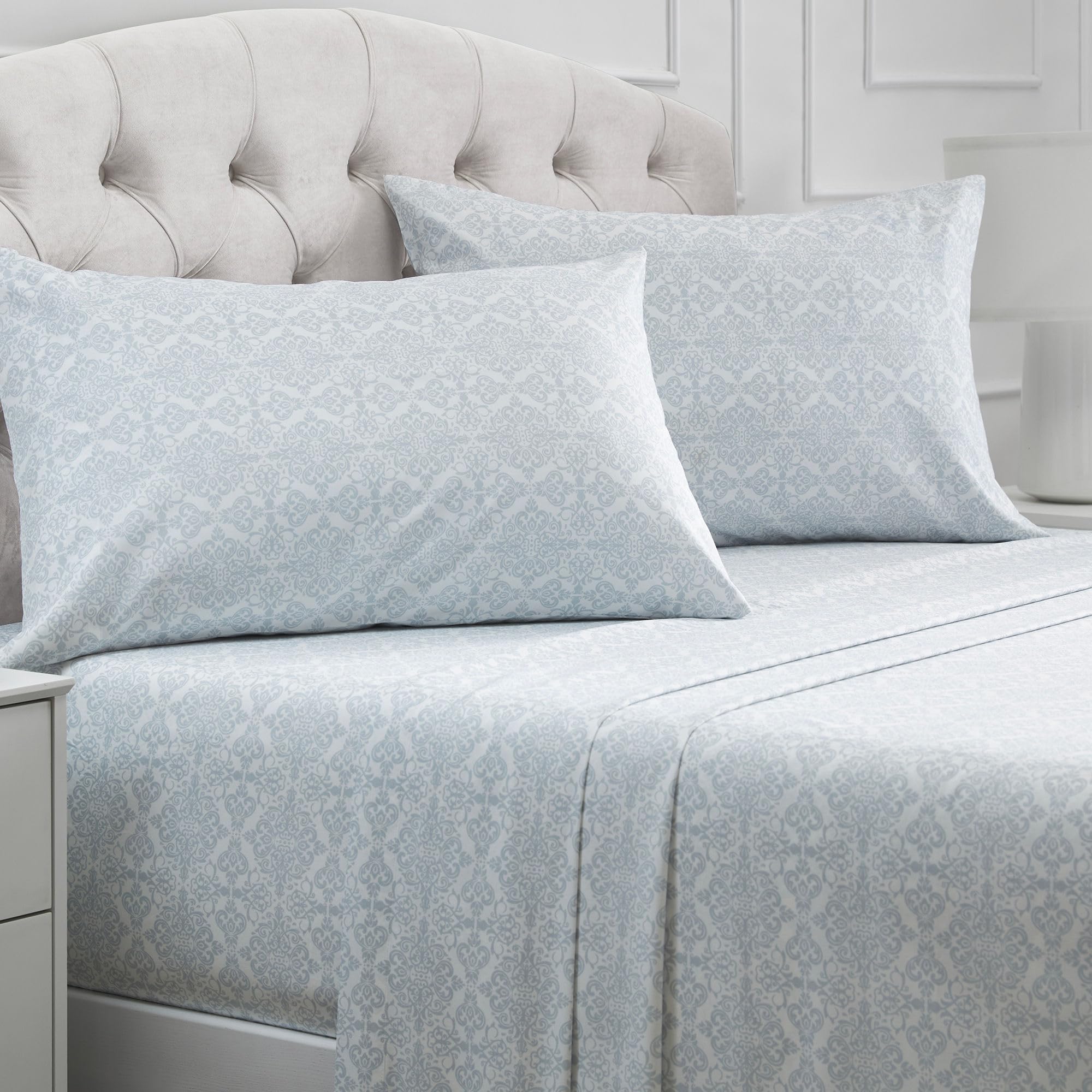 Mellanni king sheets set in laced sky blue showcase hotel-like luxury and softness.