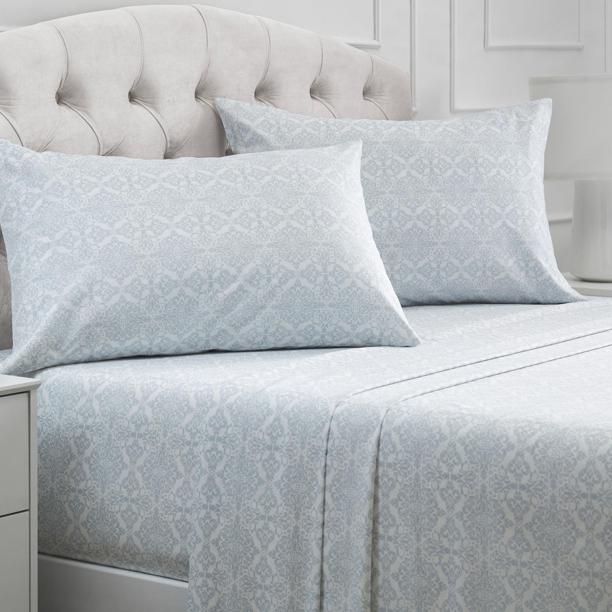 Mellanni king sheets set in laced sky blue showcase hotel-like luxury and softness.