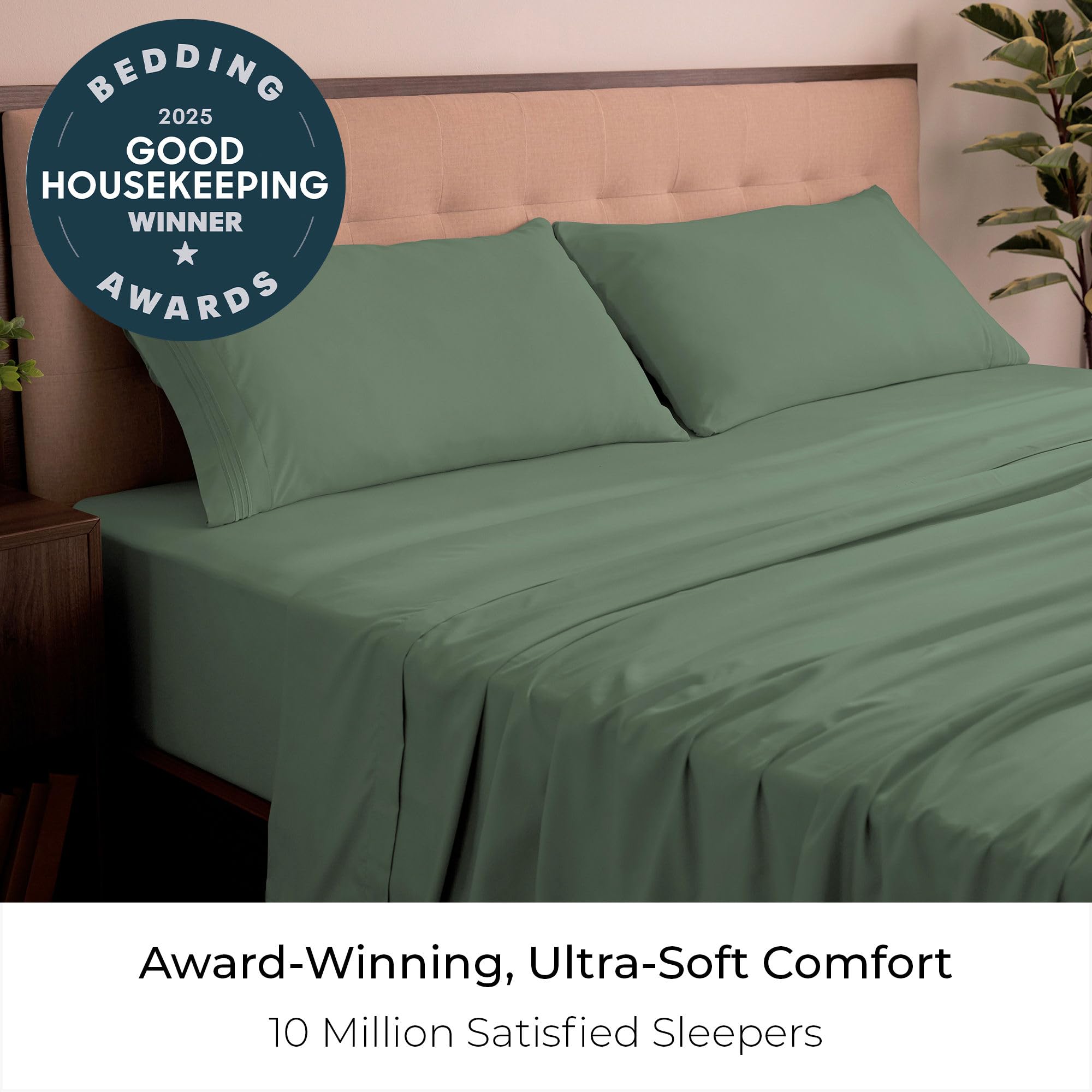 Mellanni King Sheets Sage bed-on setup highlighting hotel-luxe feel
