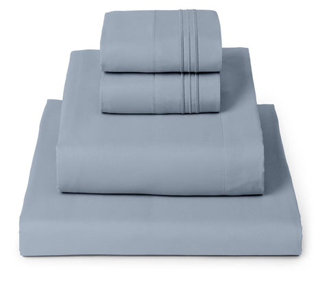 Mellanni king fitted sheet in blue hydrangea for a snug, wrinkle-free fit.