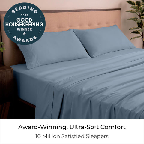Mellanni king flat sheet in blue hydrangea for breathable comfort.