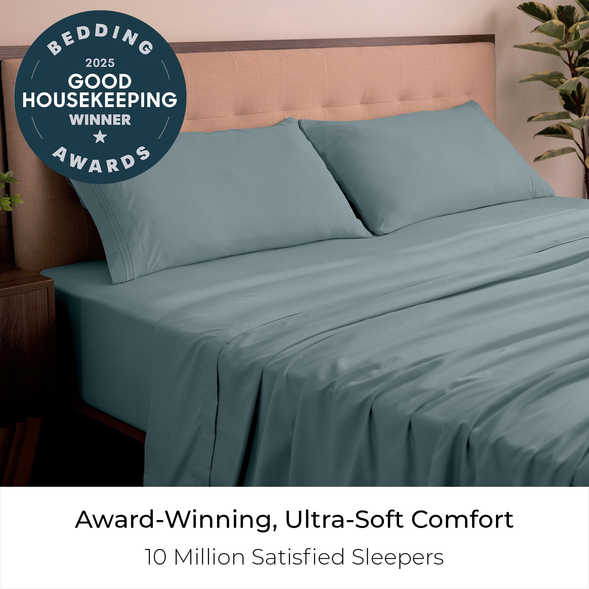 Mellanni king sheets 4pc set displayed with fitted sheet and pillowcases for room-ready setup.