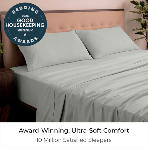 Mellanni king sheets on bed showing cooling, breathable fabric for all seasons.