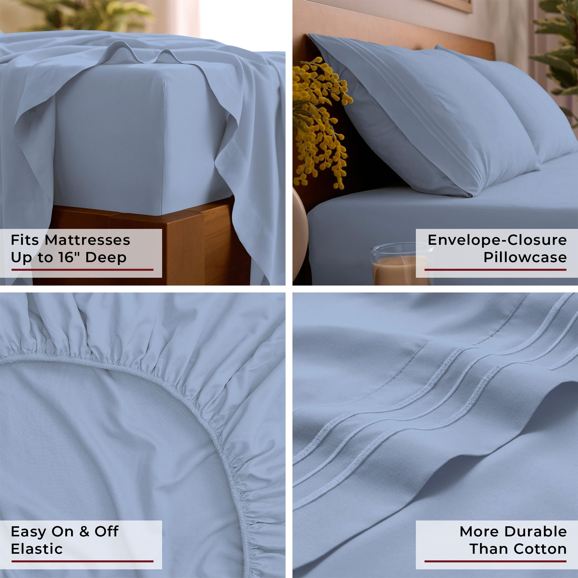 Bedroom setup showing Mellanni sheets on a neatly made bed with a hotel-like look.