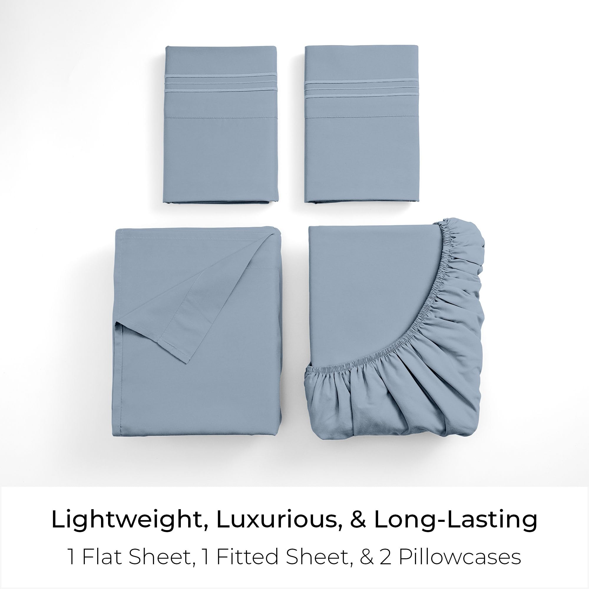 Mellanni four-piece layout with fitted sheet, flat sheet, and two pillowcases
