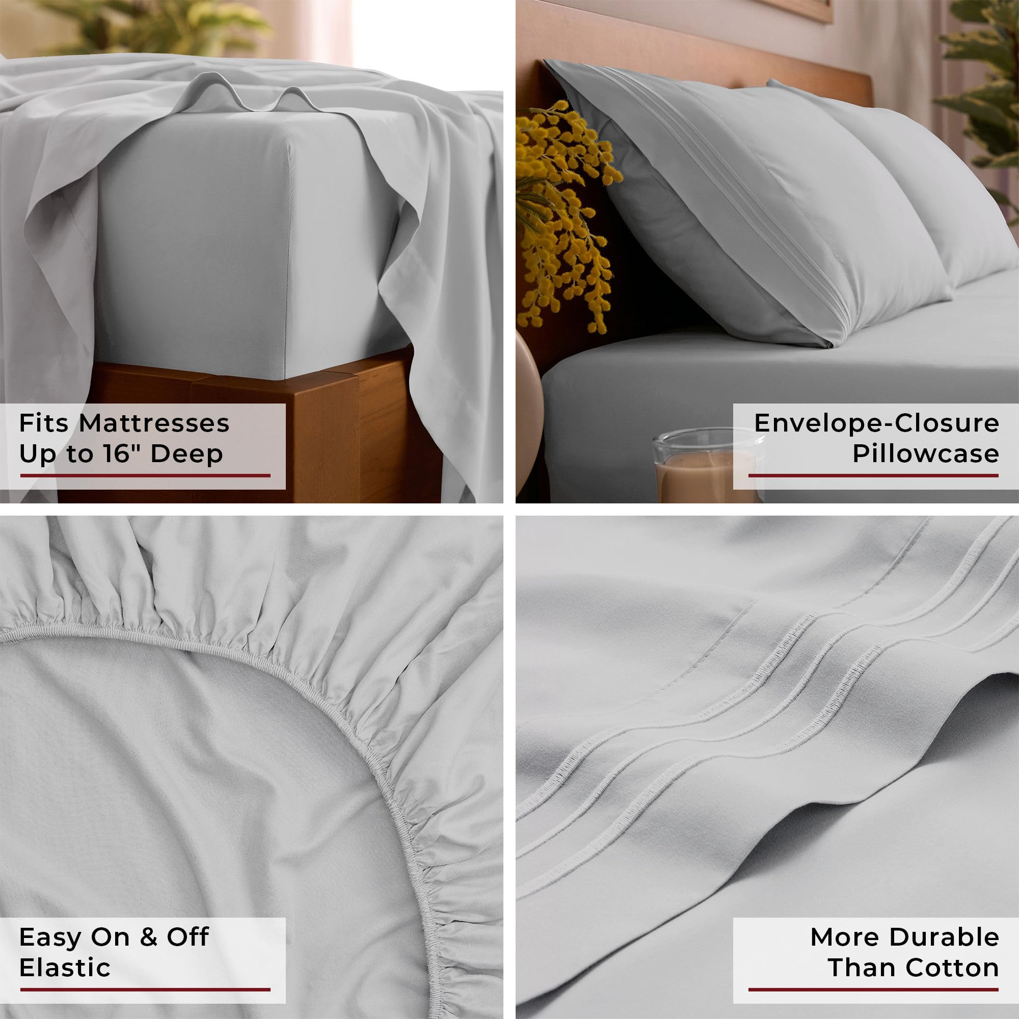Mellanni queen sheets iconic collection bed scene light gray showcasing luxurious drape