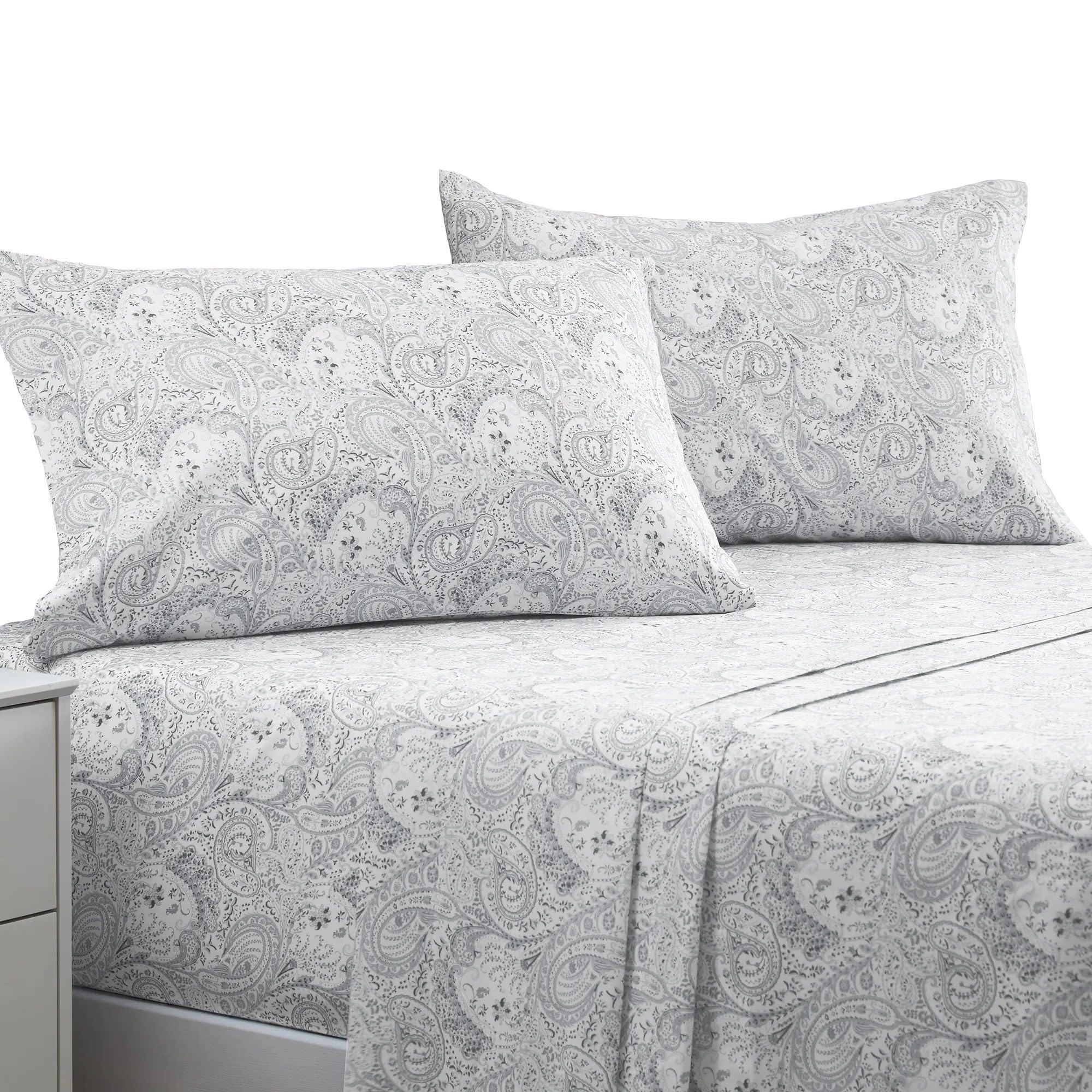 Mellanni Queen Paisley Gray sheets folded, showcasing lightweight luxury and durable microfiber.