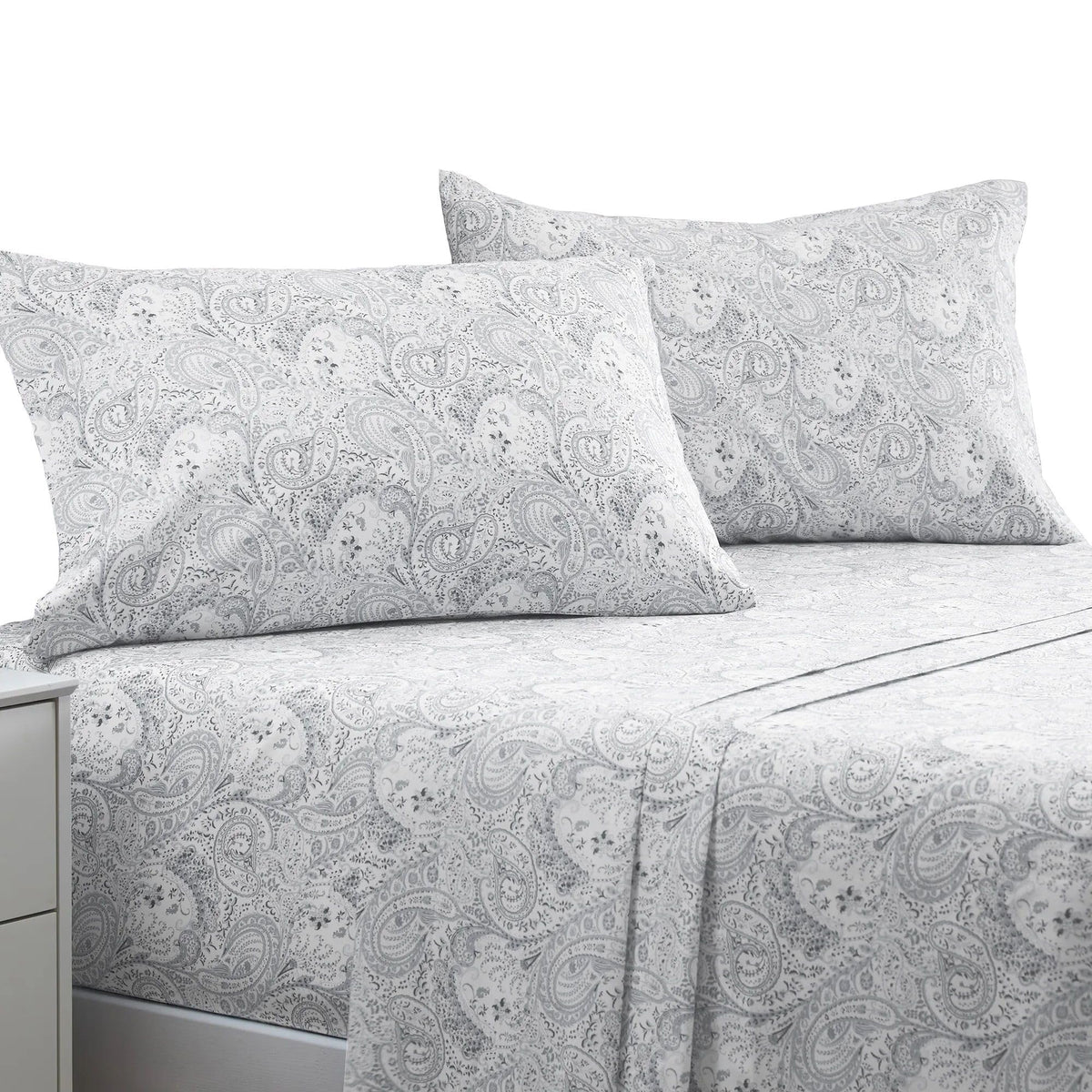 Mellanni Queen Paisley Gray sheets folded, showcasing lightweight luxury and durable microfiber.