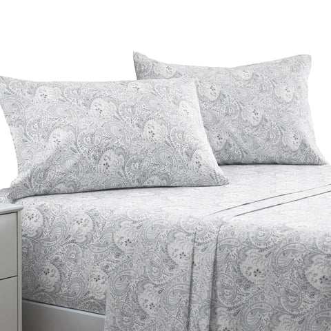 Mellanni Queen Paisley Gray sheets folded, showcasing lightweight luxury and durable microfiber.