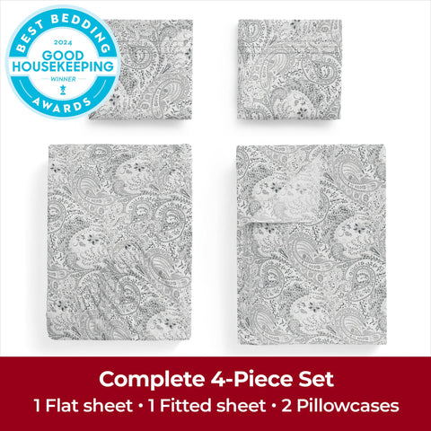 Mellanni Queen Paisley Gray sheets on bed, offering breathable comfort year-round.