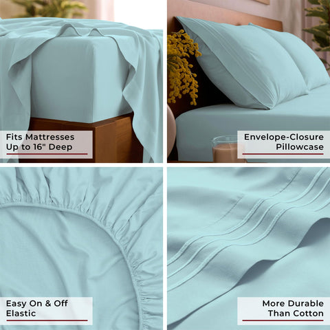 In-box packaging image of Mellanni Aqua set including fitted sheet, flat sheet, and pillowcases.