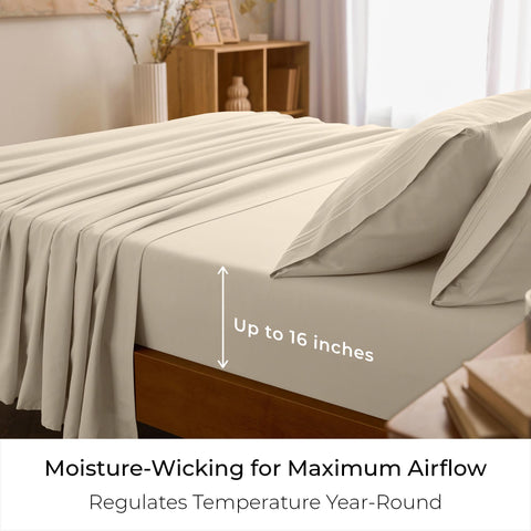 Mellanni queen sheets illustrate breathable fabric for year-round comfort.