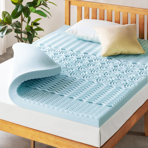 Mellow 4-inch 5-zone topper on bed enhances comfort and support
