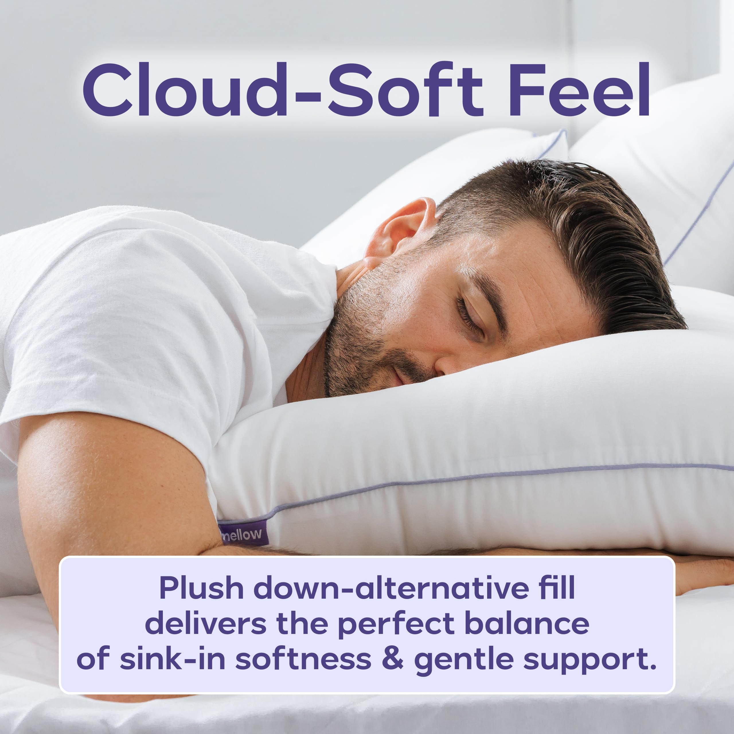Mellow Hotel Pillow down-alternative fill provides cloud-soft support.