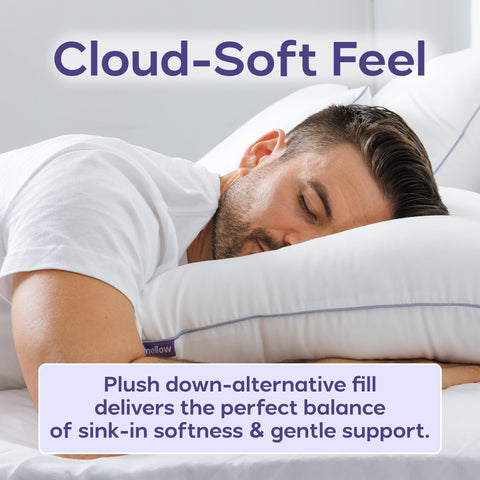 Mellow Hotel Pillow stays fluffy with resilient fibers that rebound after every use.