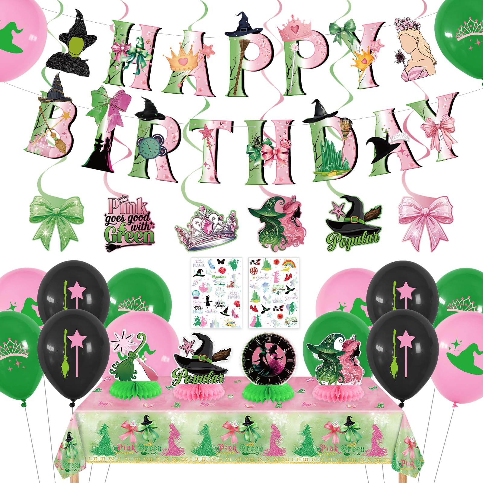 Melody Fantasy Witch Birthday Banner creating a festive pink and green backdrop