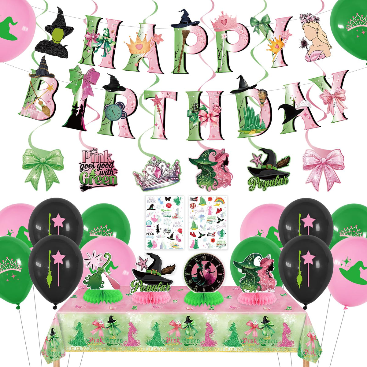 Melody Fantasy Witch Birthday Banner creating a festive pink and green backdrop