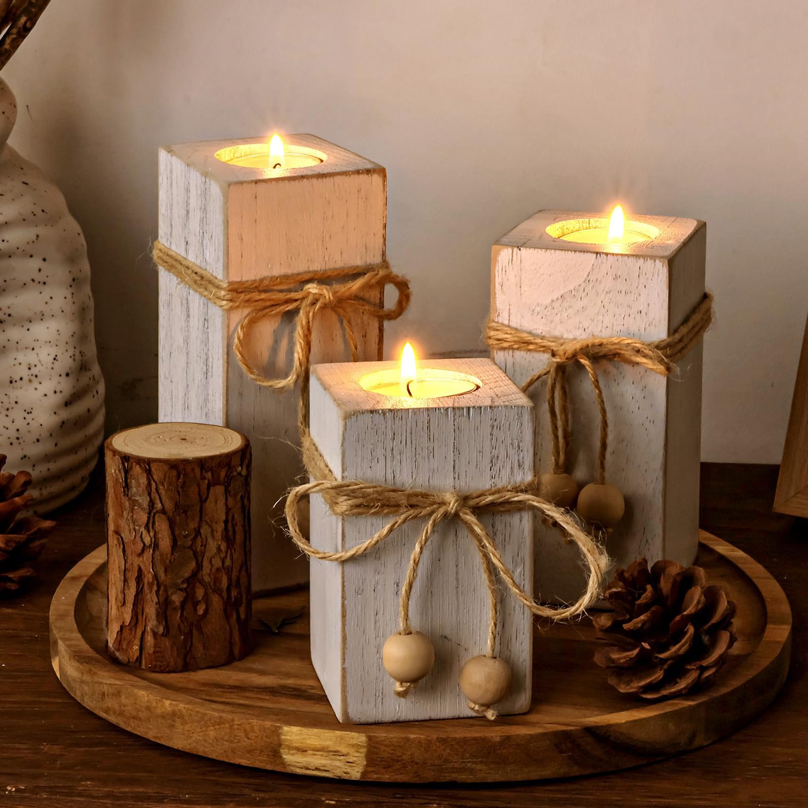 MelonBoat rustic flameless candles in a 3-pack glowing on a tabletop for safe mood lighting