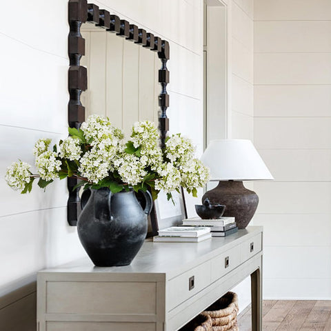 Melorca&Guilla hydrangea on a shelf adding greens and blooms