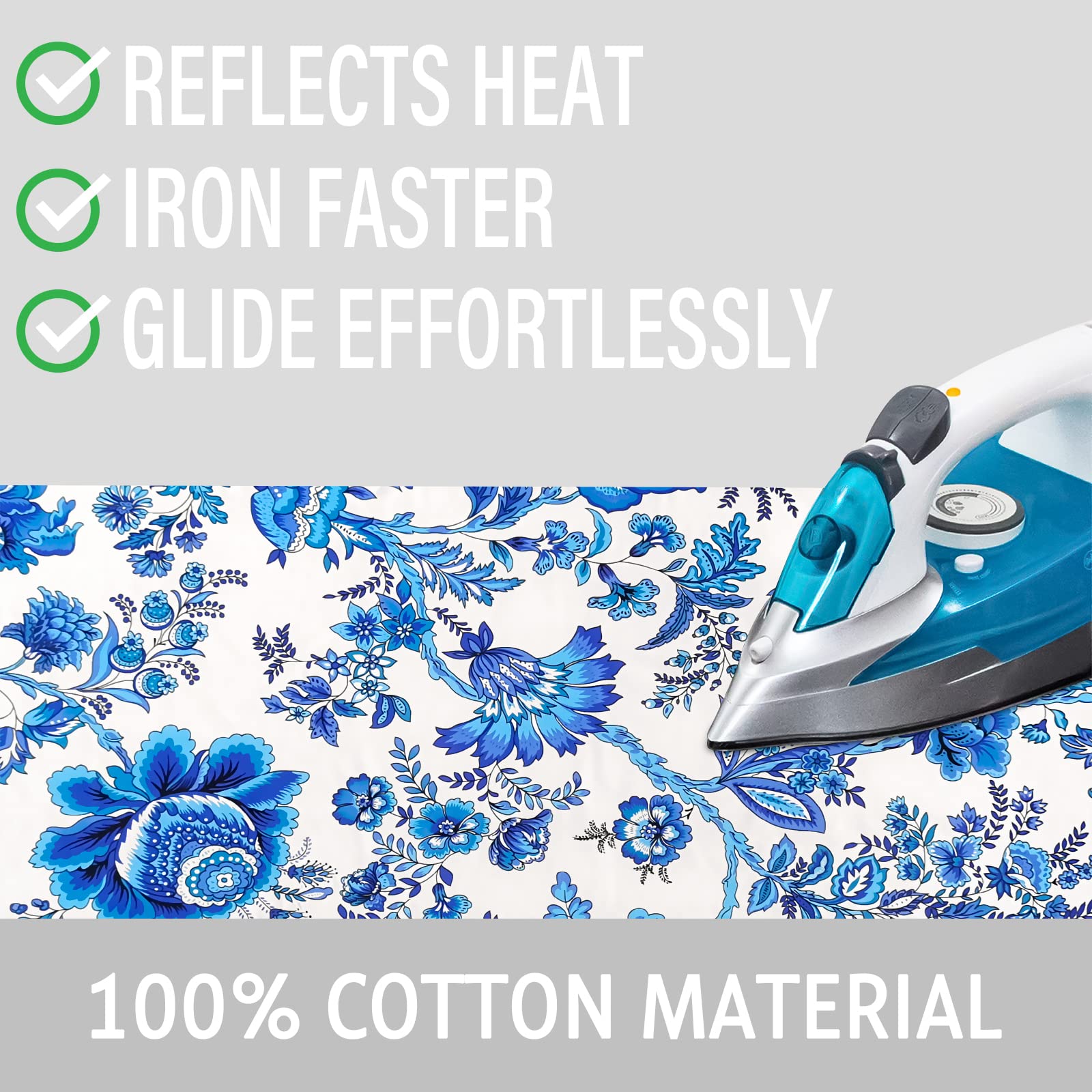 Memeaty heat-reflective surface speeds wrinkle removal on fabrics.
