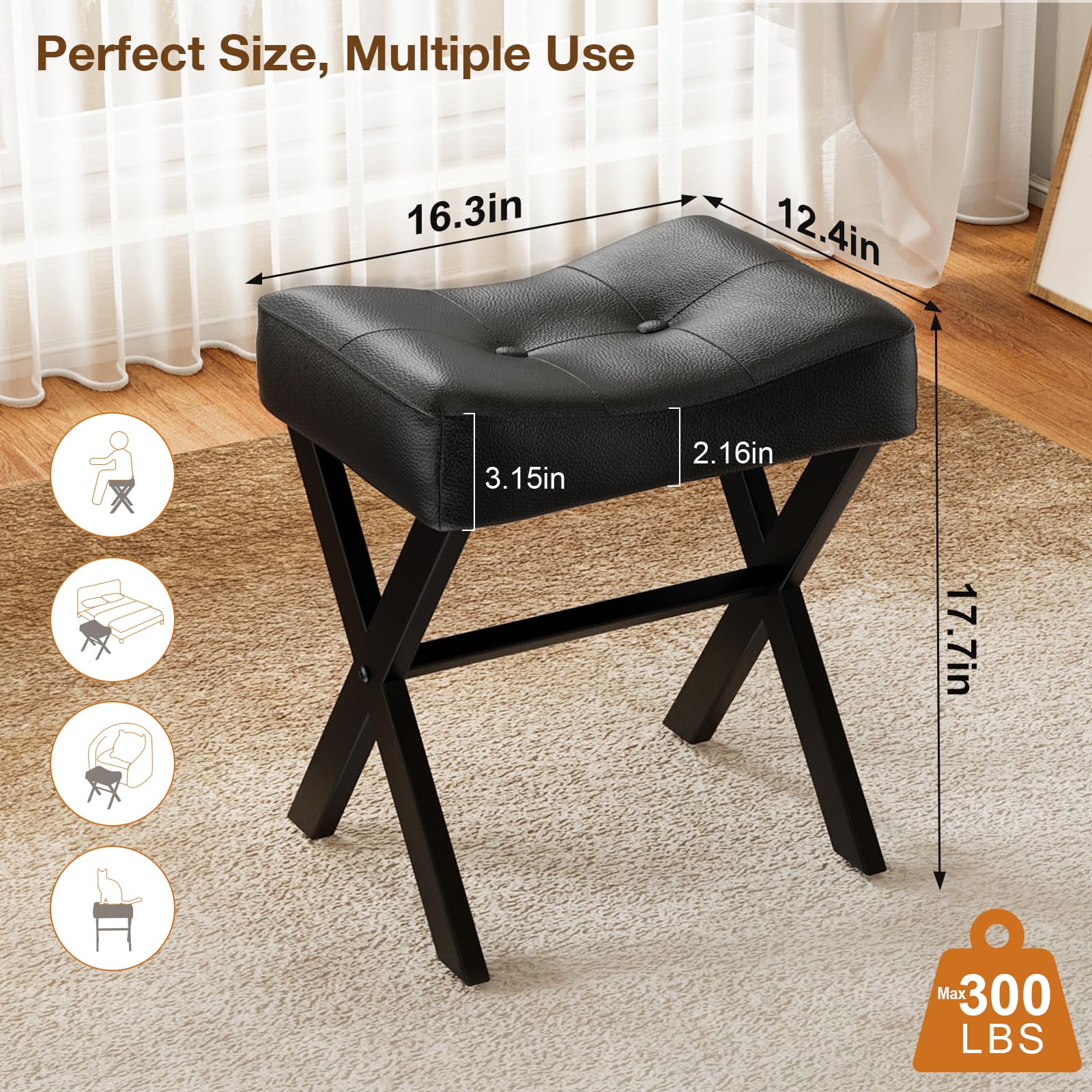 Memobarco vanity stool side view highlights sturdy X-leg frame and clean lines.