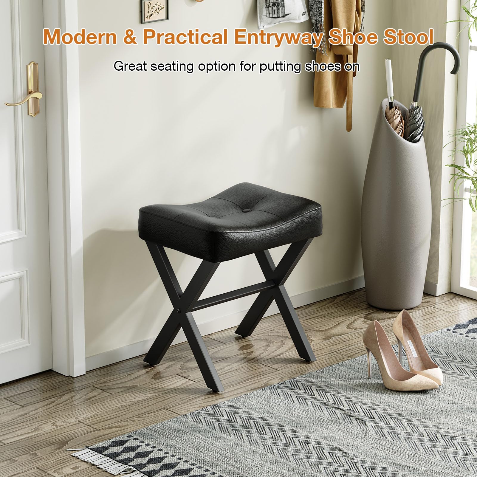 Memobarco foot stool offers ergonomic padding for relaxed dressing.