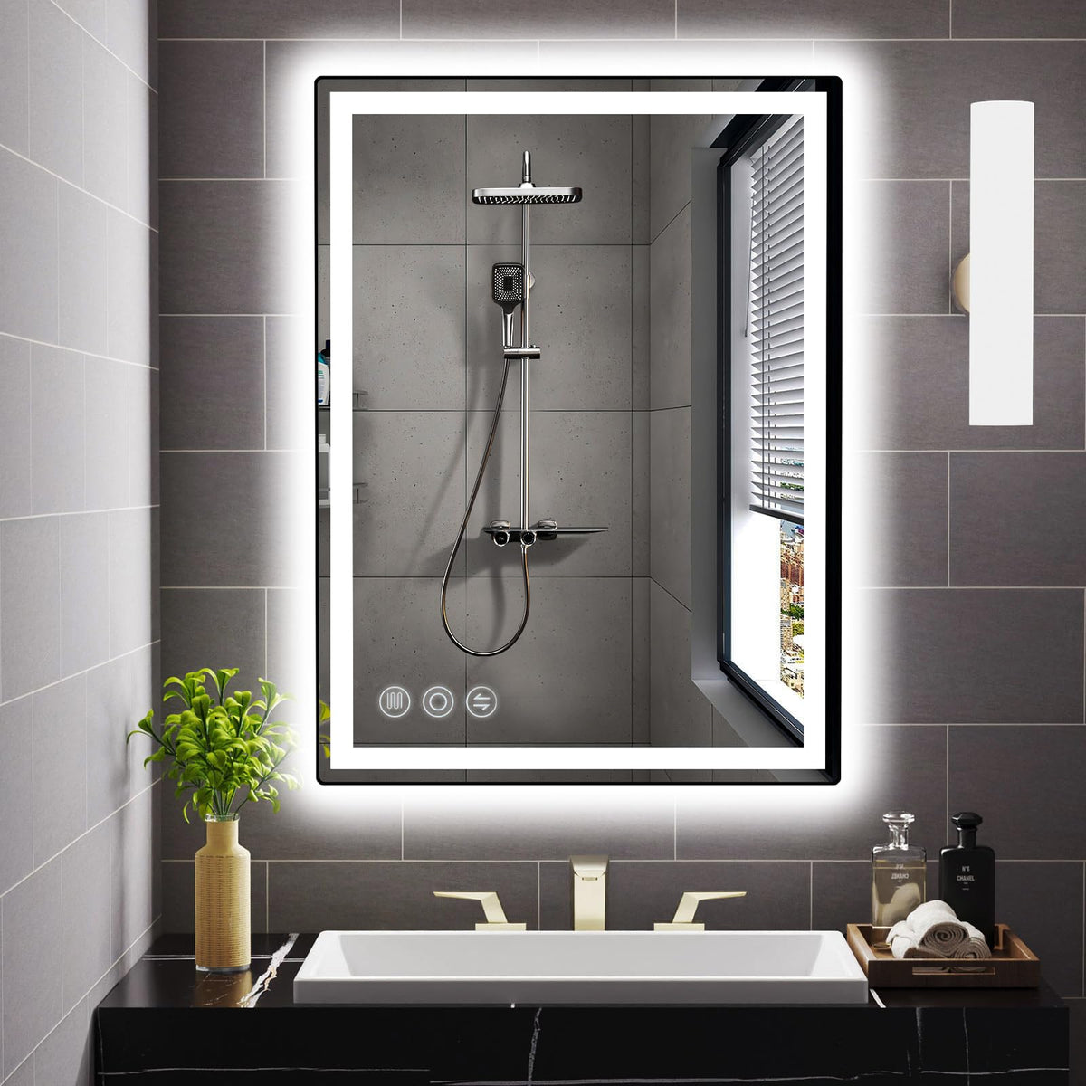 Memobarco LED bathroom mirror 24x32 front view, ideal for precise makeup application.