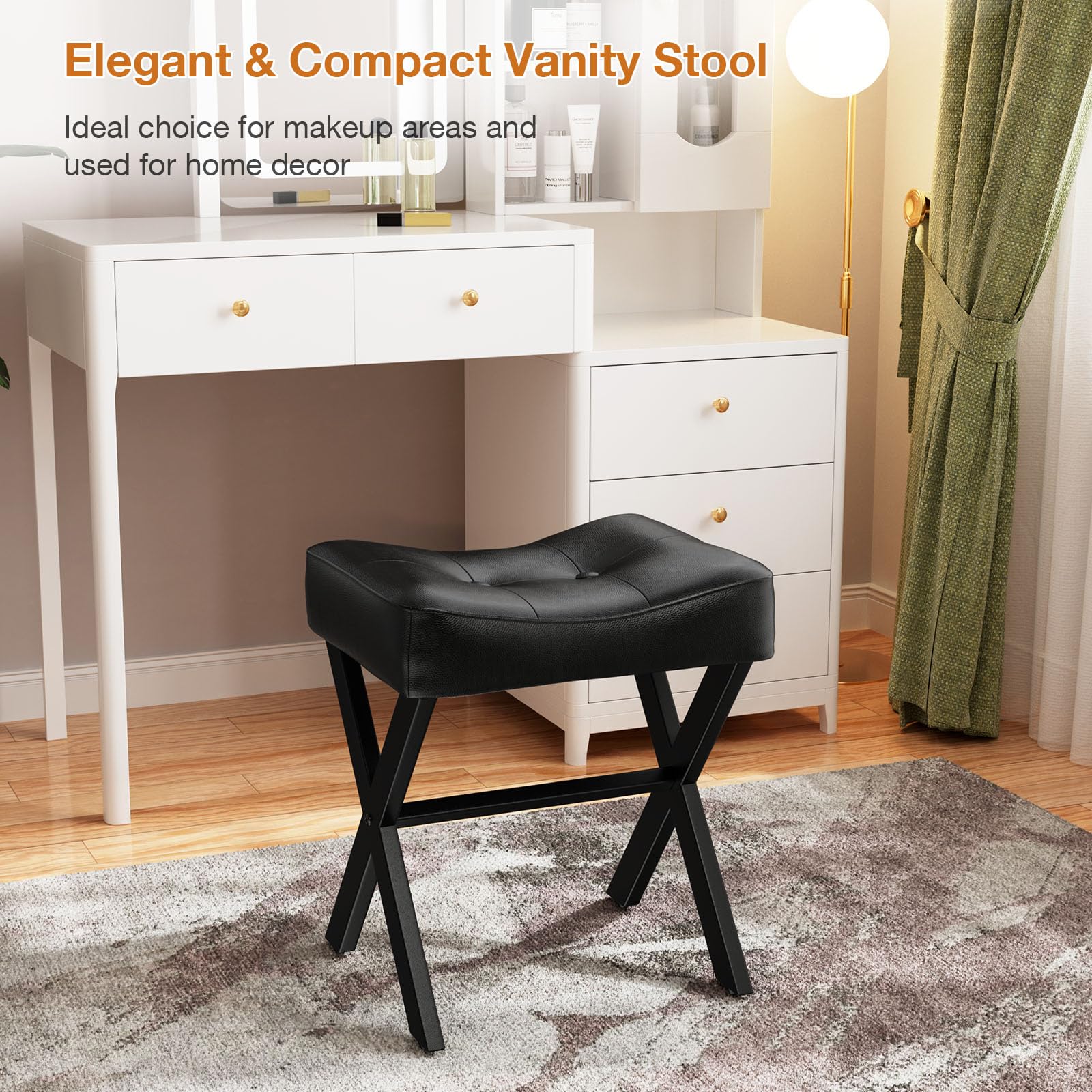 Memobarco 18-inch stool used as shoe bench by the closet.