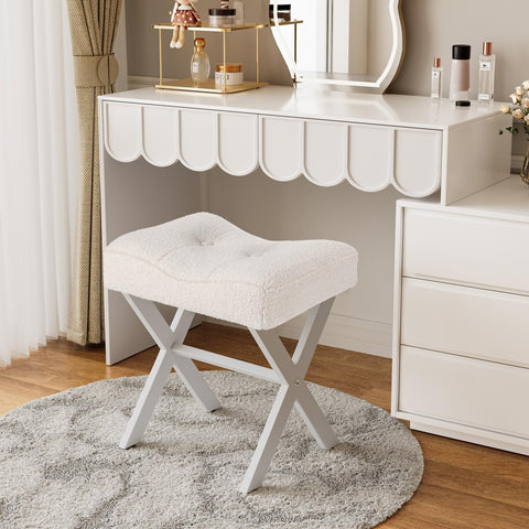 Memobarco vanity stool showing adjustable leveling feet for steady placement
