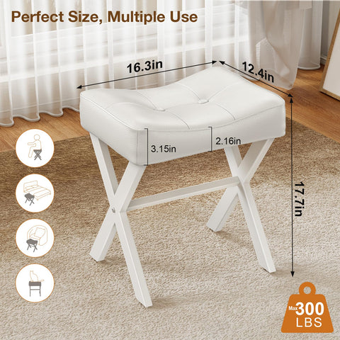 Memobarco vanity stool with metal X-leg close-up shows sturdy construction for long-lasting use.
