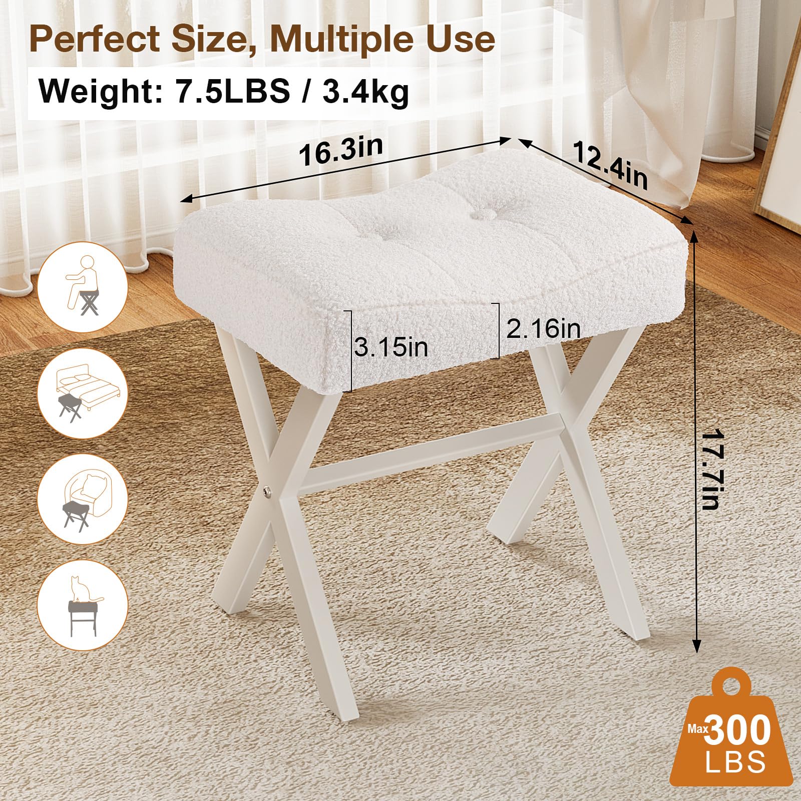 Memobarco vanity stool with metal X-legs provides stable daily use