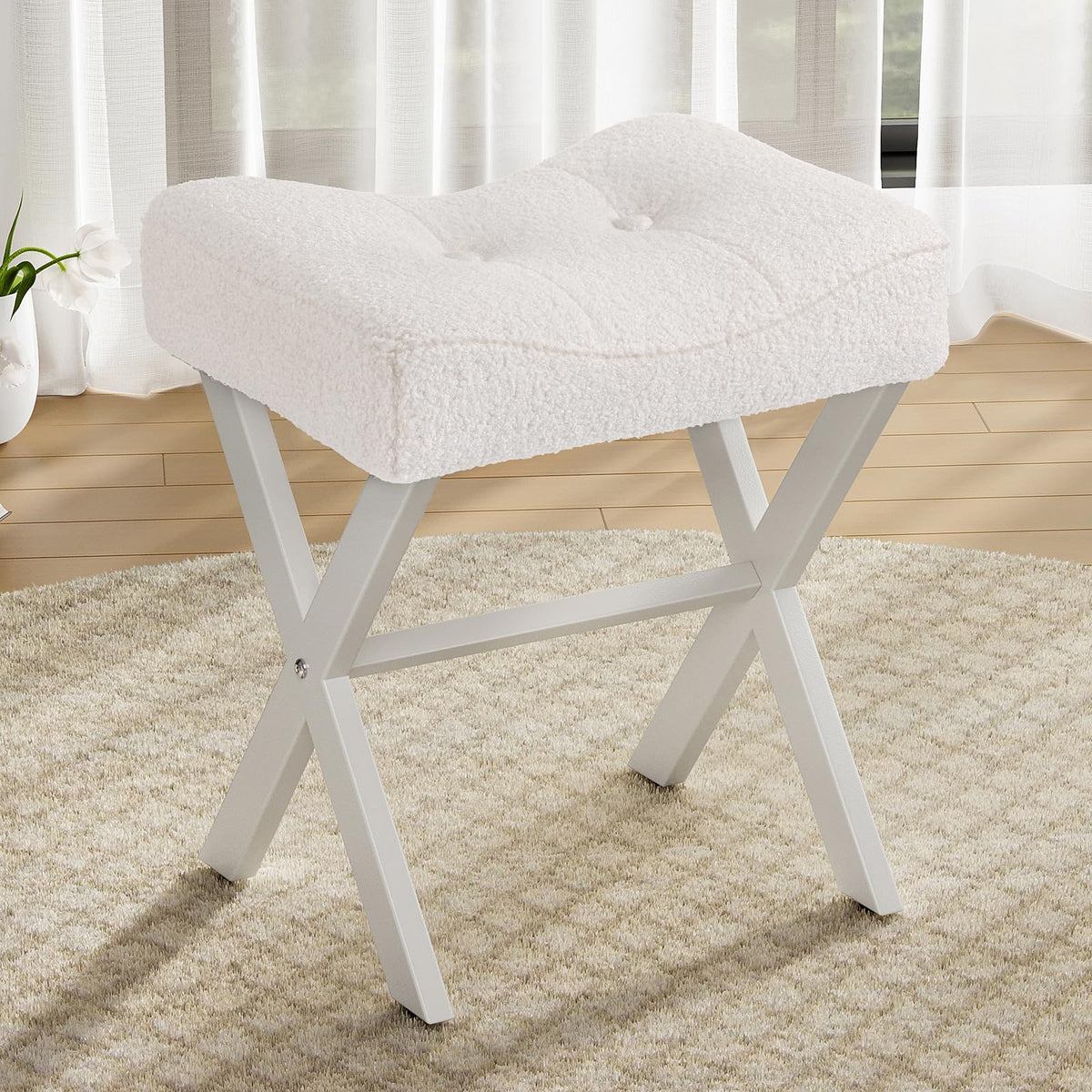 Memobarco vanity stool with saddle seat in white for comfortable makeup sessions