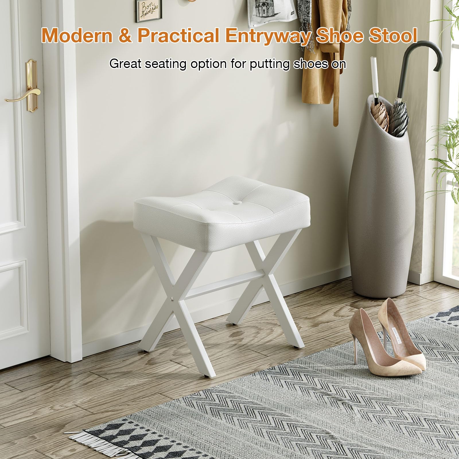 Memobarco vanity stool with wide cushion for comfortable seating during routines.