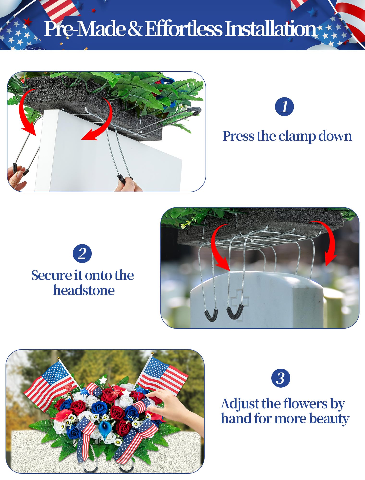 Memobloom adjustable steel handle fits most tombstones for easy placement.