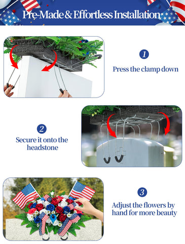 Memobloom adjustable steel handle fits most tombstones for easy placement.