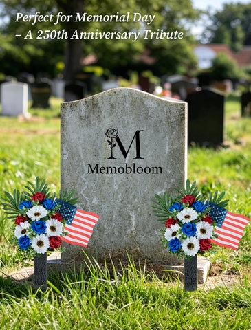 Memobloom bouquet includes American flags for a patriotic tribute.