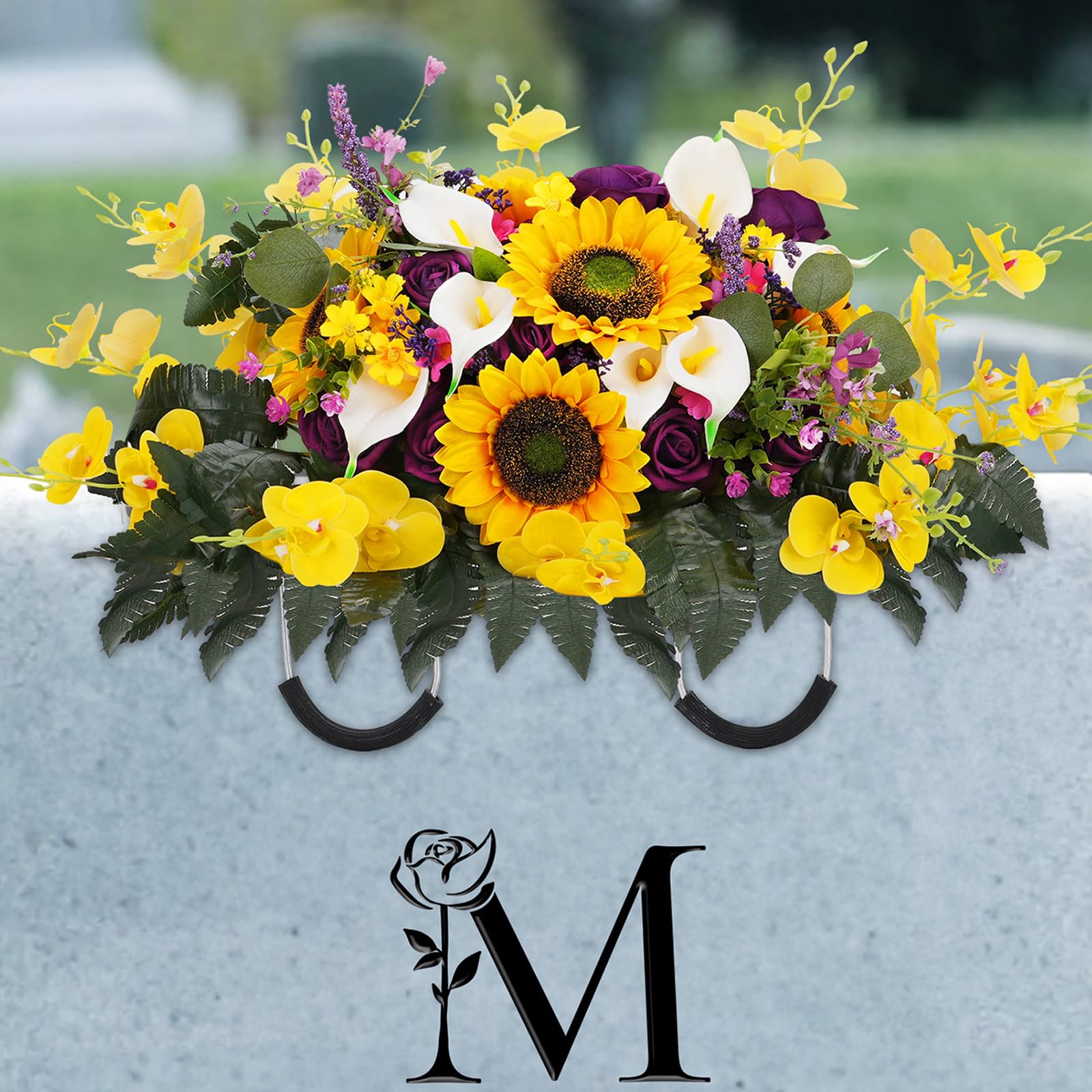 Memobloom headstone saddle with roses and sunflowers for lasting spring memorial.